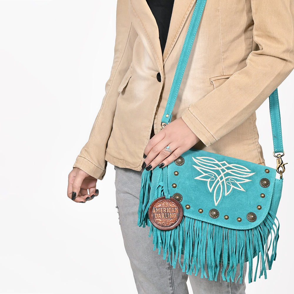 American Darling Genuine Suede Leather Cross body Bag - Fringe, Embroidery &amp; Concho Eco-Friendly Vegetable Tanned Purse