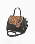 American Darling Dark Brown Quilted Satchel with Floral Tooled Leather Flap