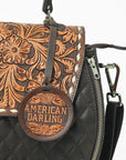 American Darling Dark Brown Quilted Satchel with Floral Tooled Leather Flap