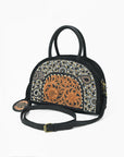 American Darling Black Beaded Half-Moon Bag with Tooled Leather Accent