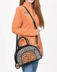 American Darling Black Beaded Half-Moon Bag with Tooled Leather Accent