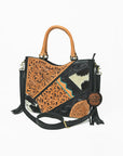 Western Hand-Tooled Leather Shoulder Bag with Hair-On Panels & Fringe – Premium Crossbody Handbag