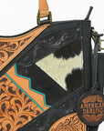 Western Hand-Tooled Leather Shoulder Bag with Hair-On Panels & Fringe – Premium Crossbody Handbag