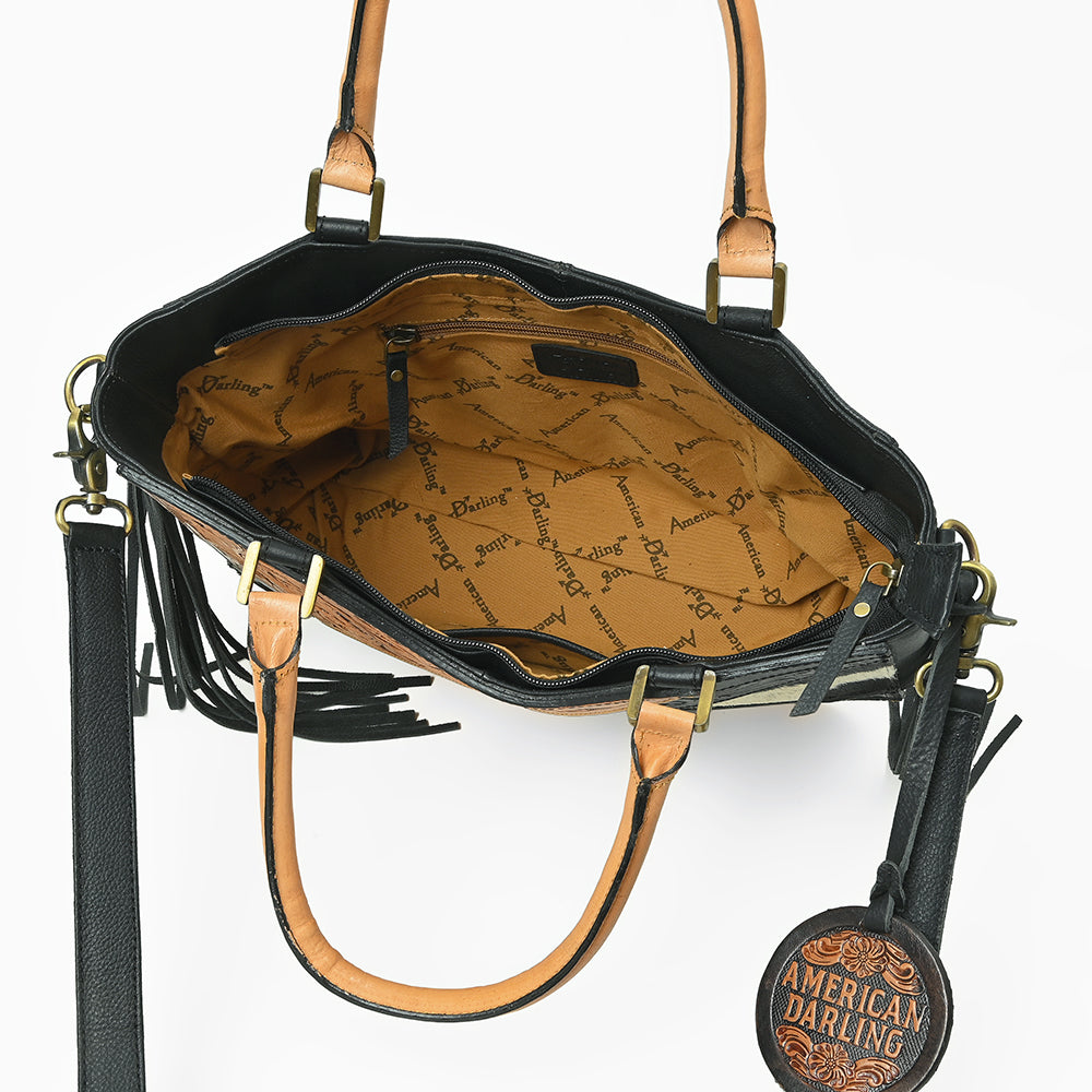 Western Hand-Tooled Leather Shoulder Bag with Hair-On Panels &amp; Fringe – Premium Crossbody Handbag