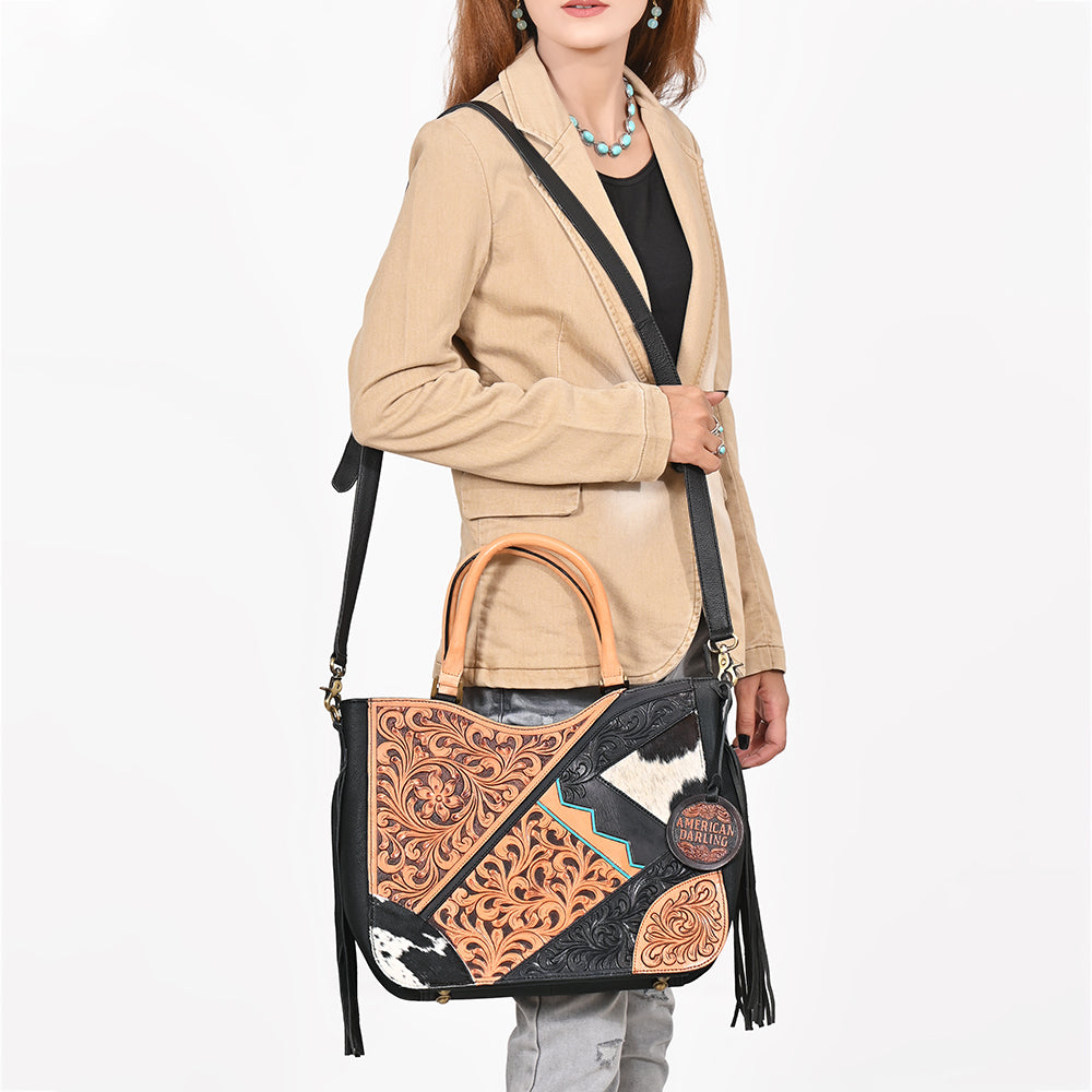 Western Hand-Tooled Leather Shoulder Bag with Hair-On Panels &amp; Fringe – Premium Crossbody Handbag
