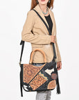 Western Hand-Tooled Leather Shoulder Bag with Hair-On Panels & Fringe – Premium Crossbody Handbag
