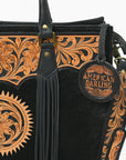 American Darling Black Fringe Tote Bag with Floral Tooled Leather