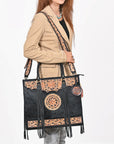 American Darling Black Fringe Tote Bag with Floral Tooled Leather