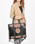 American Darling Black Fringe Tote Bag with Floral Tooled Leather
