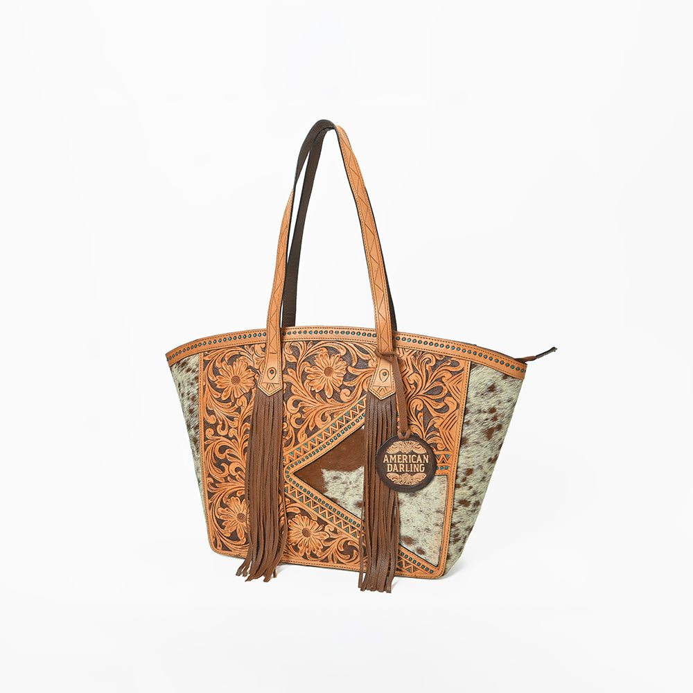 American Darling Cowhide &amp; Floral Tooled Leather Fringe Tote Bag