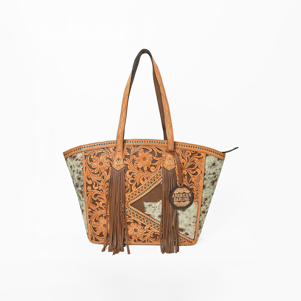 American Darling Cowhide &amp; Floral Tooled Leather Fringe Tote Bag