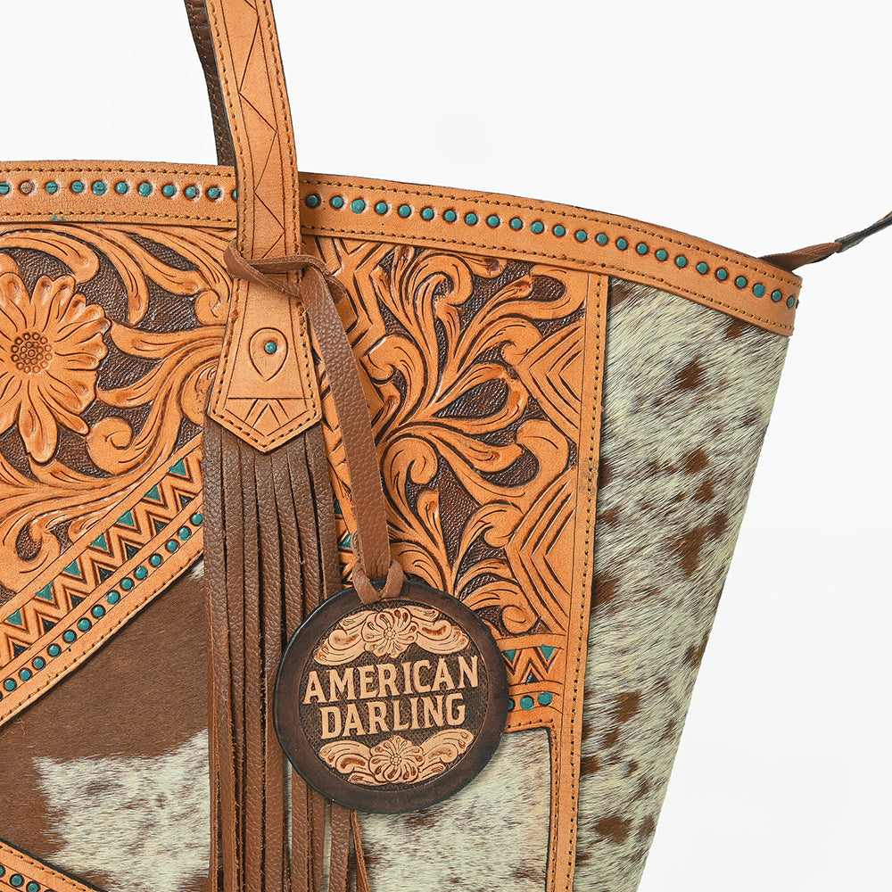 American Darling Cowhide &amp; Floral Tooled Leather Fringe Tote Bag