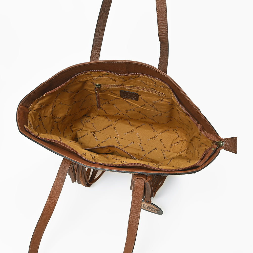 American Darling Cowhide &amp; Floral Tooled Leather Fringe Tote Bag