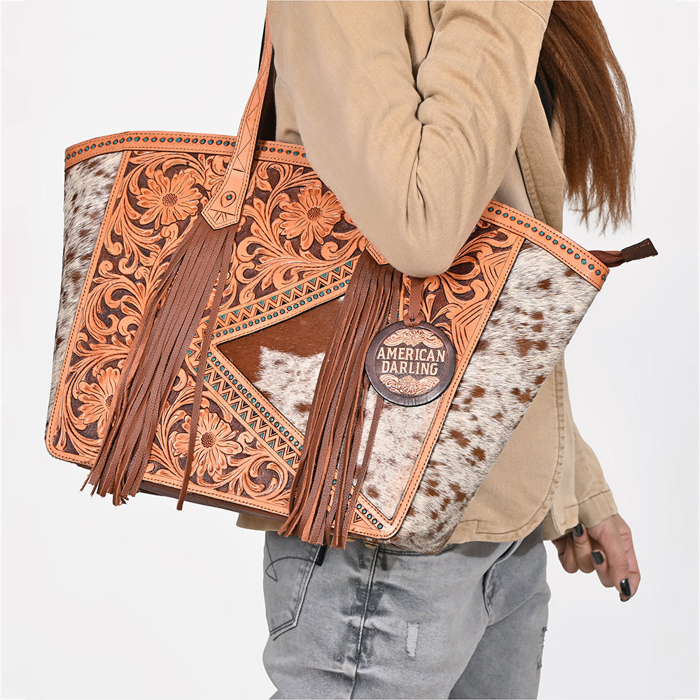 American Darling Cowhide &amp; Floral Tooled Leather Fringe Tote Bag
