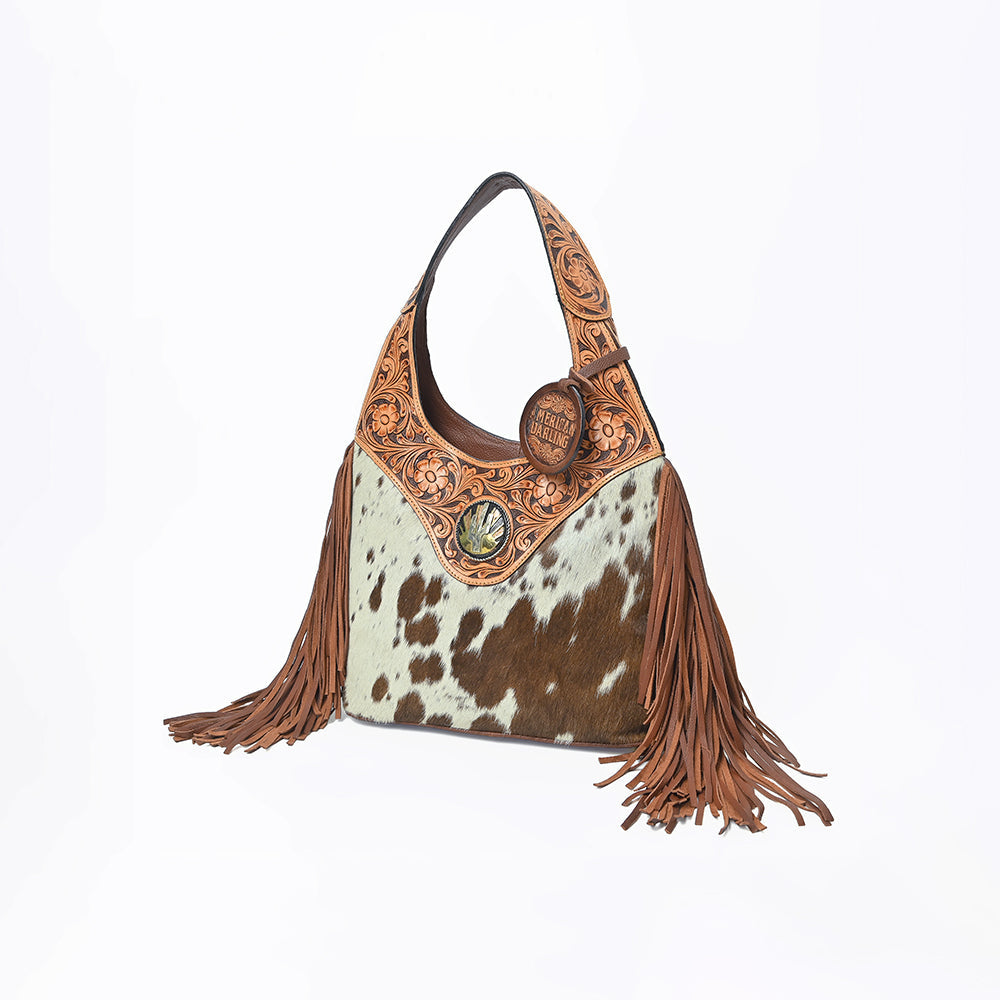 Western Hand-Tooled Leather Hobo Bag with Hair-On Hide &amp; Fringe – Artisan Shoulder Handbag