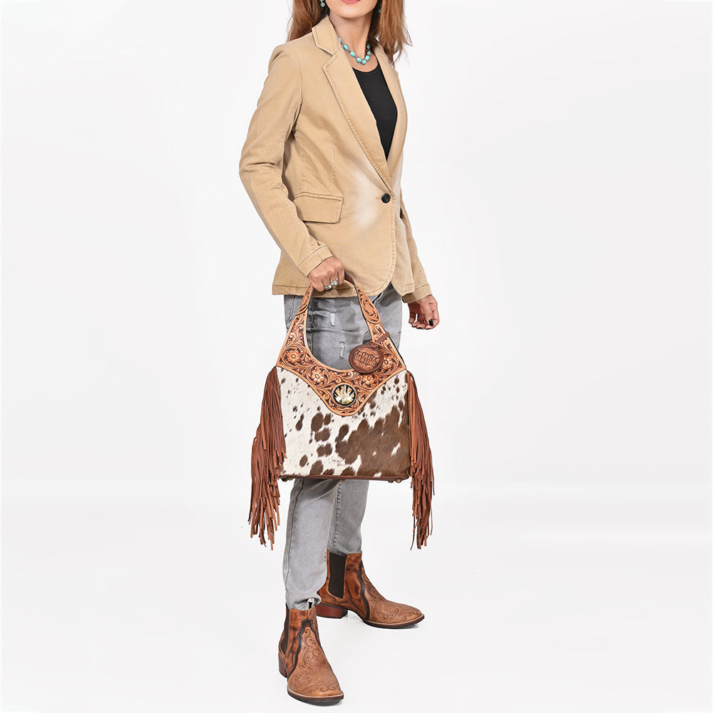 Western Hand-Tooled Leather Hobo Bag with Hair-On Hide &amp; Fringe – Artisan Shoulder Handbag