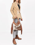 Western Hand-Tooled Leather Hobo Bag with Hair-On Hide & Fringe – Artisan Shoulder Handbag