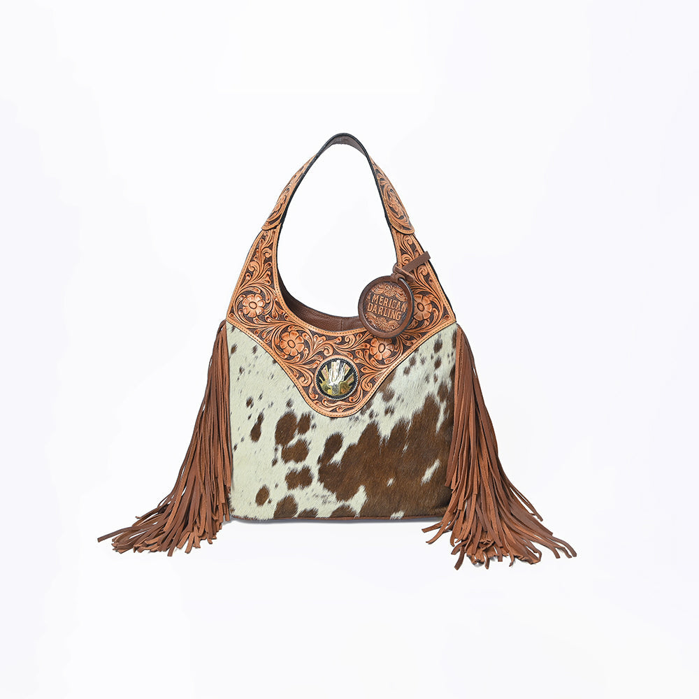 Western Hand-Tooled Leather Hobo Bag with Hair-On Hide &amp; Fringe – Artisan Shoulder Handbag