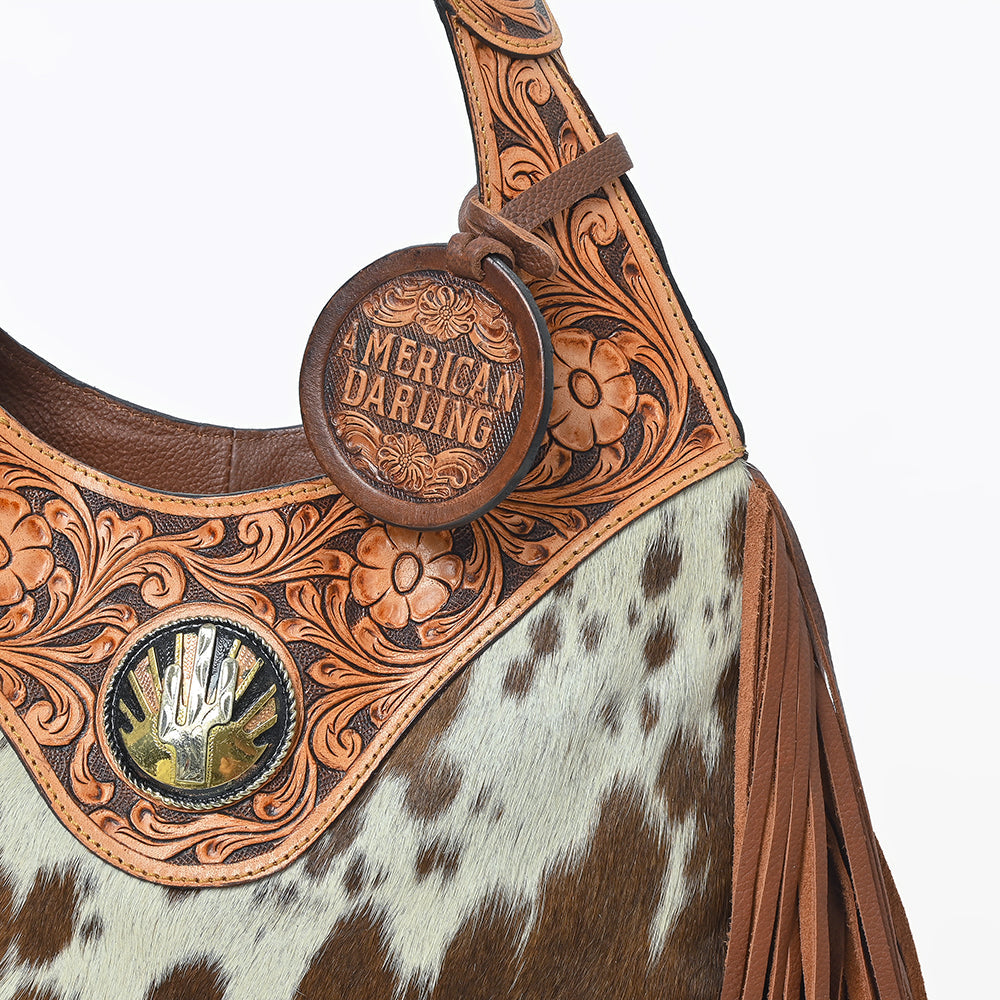 Western Hand-Tooled Leather Hobo Bag with Hair-On Hide &amp; Fringe – Artisan Shoulder Handbag