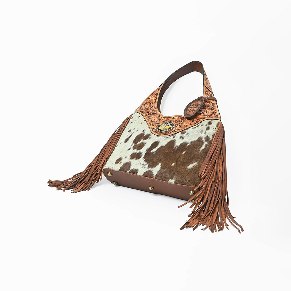 Western Hand-Tooled Leather Hobo Bag with Hair-On Hide &amp; Fringe – Artisan Shoulder Handbag