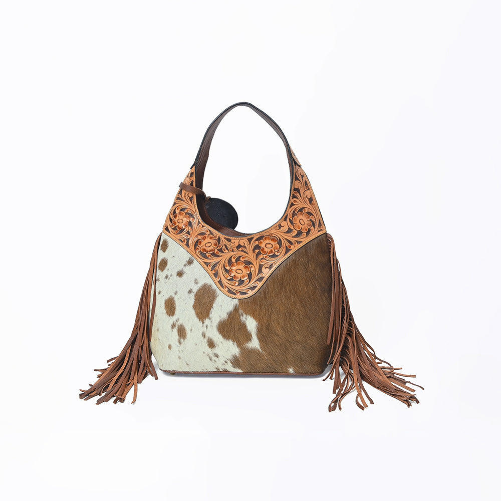 Western Hand-Tooled Leather Hobo Bag with Hair-On Hide &amp; Fringe – Artisan Shoulder Handbag