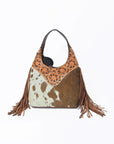 Western Hand-Tooled Leather Hobo Bag with Hair-On Hide & Fringe – Artisan Shoulder Handbag