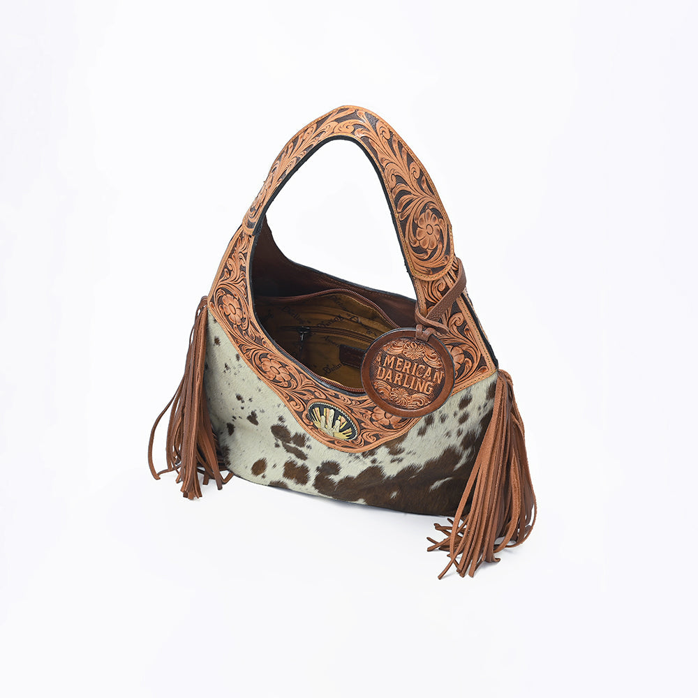 Western Hand-Tooled Leather Hobo Bag with Hair-On Hide &amp; Fringe – Artisan Shoulder Handbag