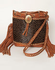 American Darling Bucket Bag Hair-On Cowhide Genuine Leather Fringes Riveted Drawstring Western Purse 11in X 13in X 5in