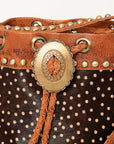 American Darling Bucket Bag Hair-On Cowhide Genuine Leather Fringes Riveted Drawstring Western Purse 11in X 13in X 5in