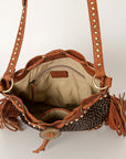 American Darling Bucket Bag Hair-On Cowhide Genuine Leather Fringes Riveted Drawstring Western Purse 11in X 13in X 5in