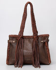 American Darling Tote Bag Western Genuine Leather Handcrafted Purse with Fringes and Turquoise Stone and Braided Handles