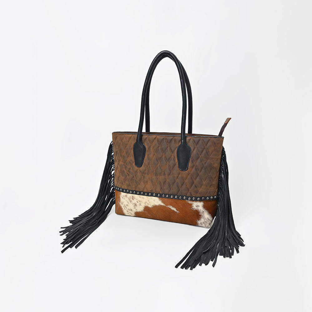 American Darling Western Quilted Leather Tote with Hair-On Panel &amp; Fringe
