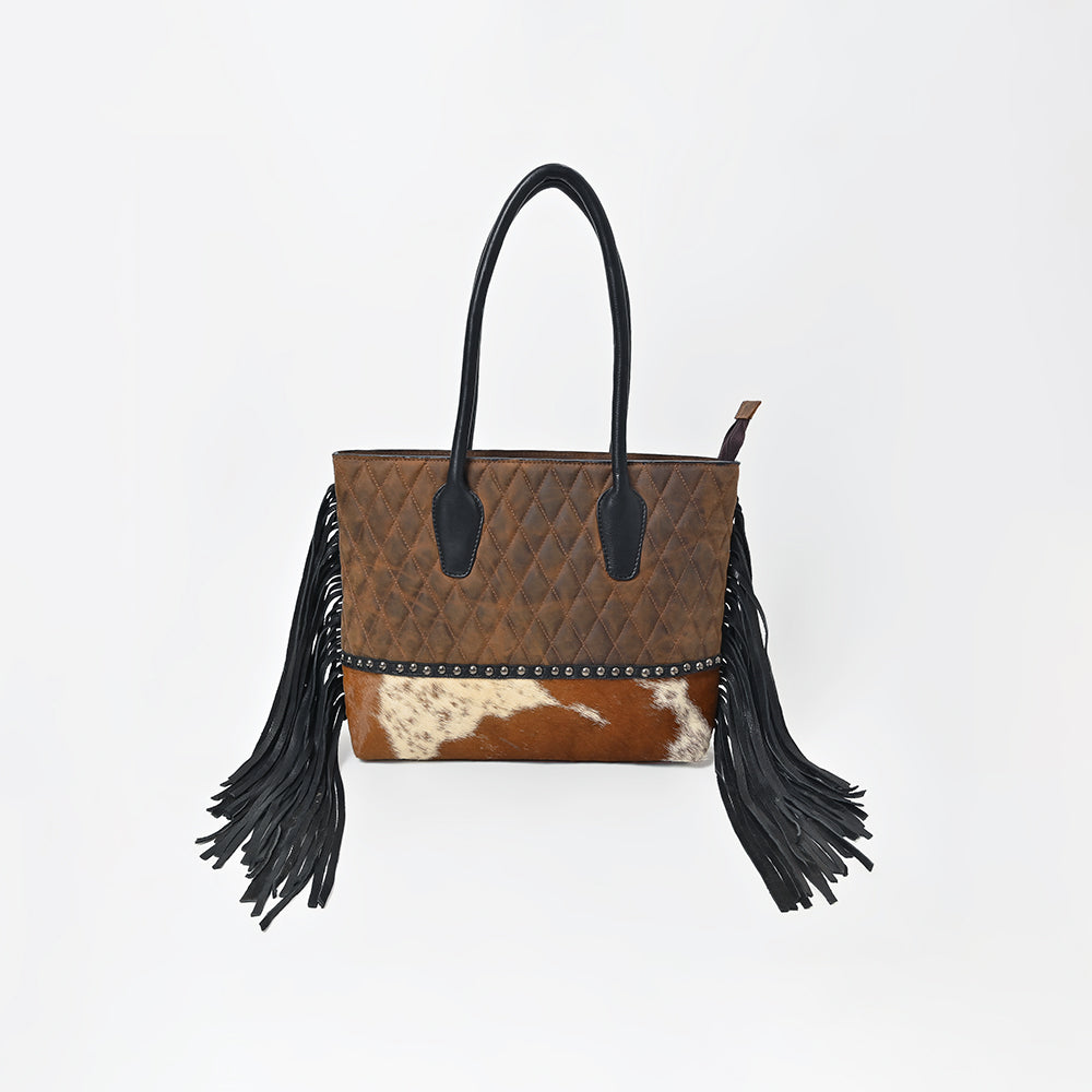 American Darling Western Quilted Leather Tote with Hair-On Panel &amp; Fringe