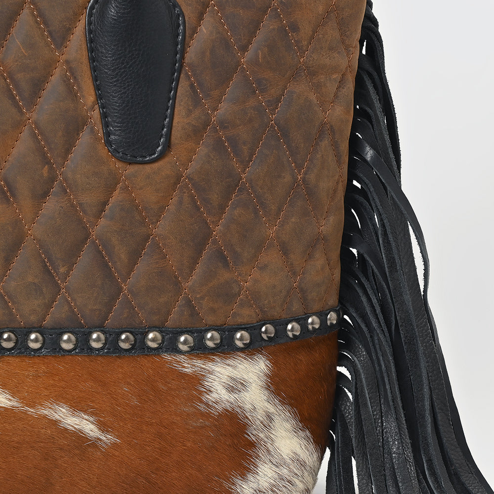American Darling Western Quilted Leather Tote with Hair-On Panel &amp; Fringe