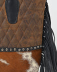 American Darling Western Quilted Leather Tote with Hair-On Panel & Fringe