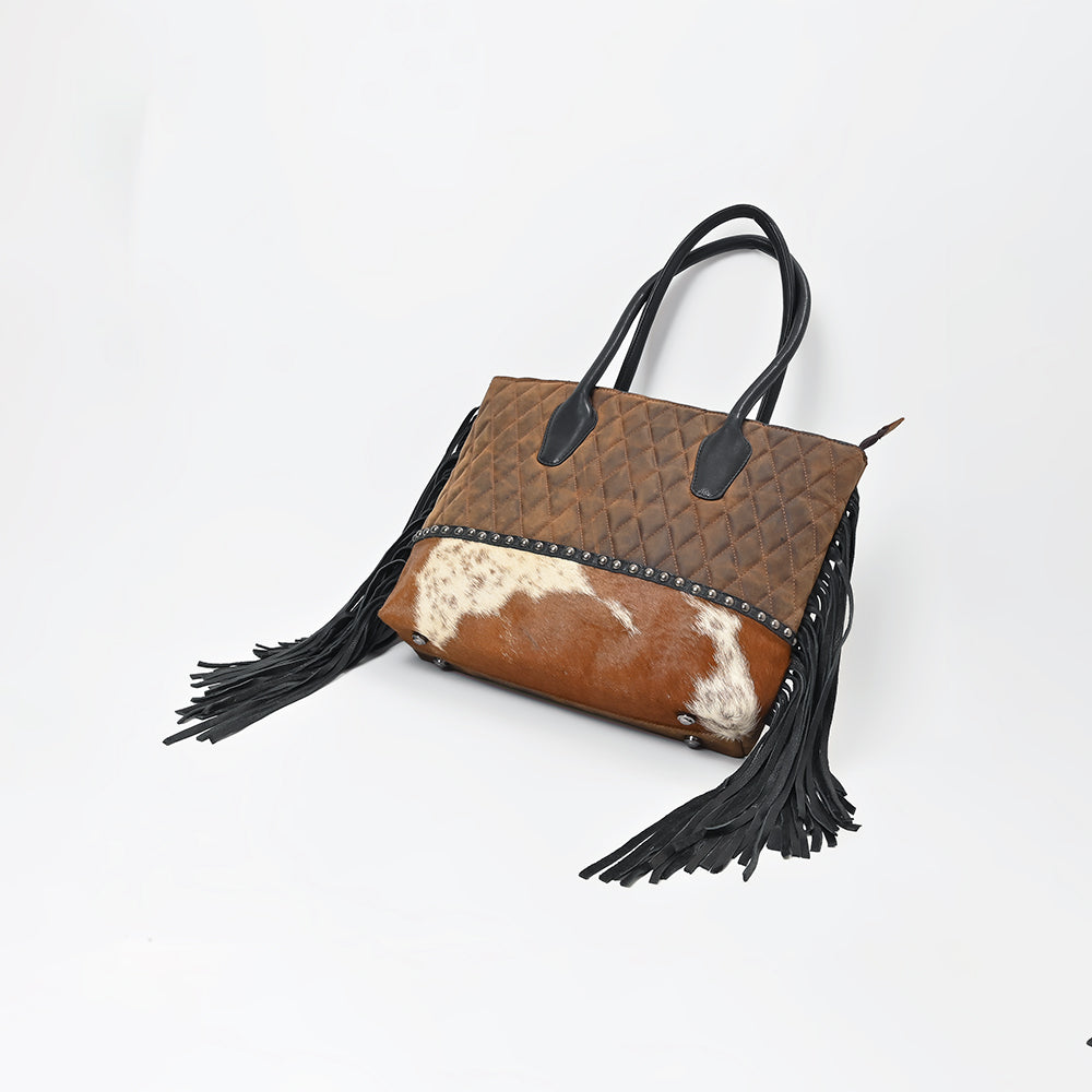 American Darling Western Quilted Leather Tote with Hair-On Panel &amp; Fringe