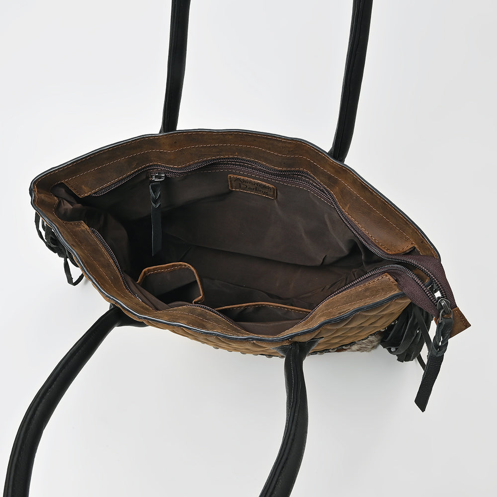 American Darling Western Quilted Leather Tote with Hair-On Panel &amp; Fringe