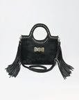 American Darling Black Hair-On Hide Fringe Handbag Studded Round Handle Crossbody Purse Women Genuine Leather Shoulder Tote