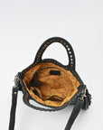 American Darling Black Hair-On Hide Fringe Handbag Studded Round Handle Crossbody Purse Women Genuine Leather Shoulder Tote