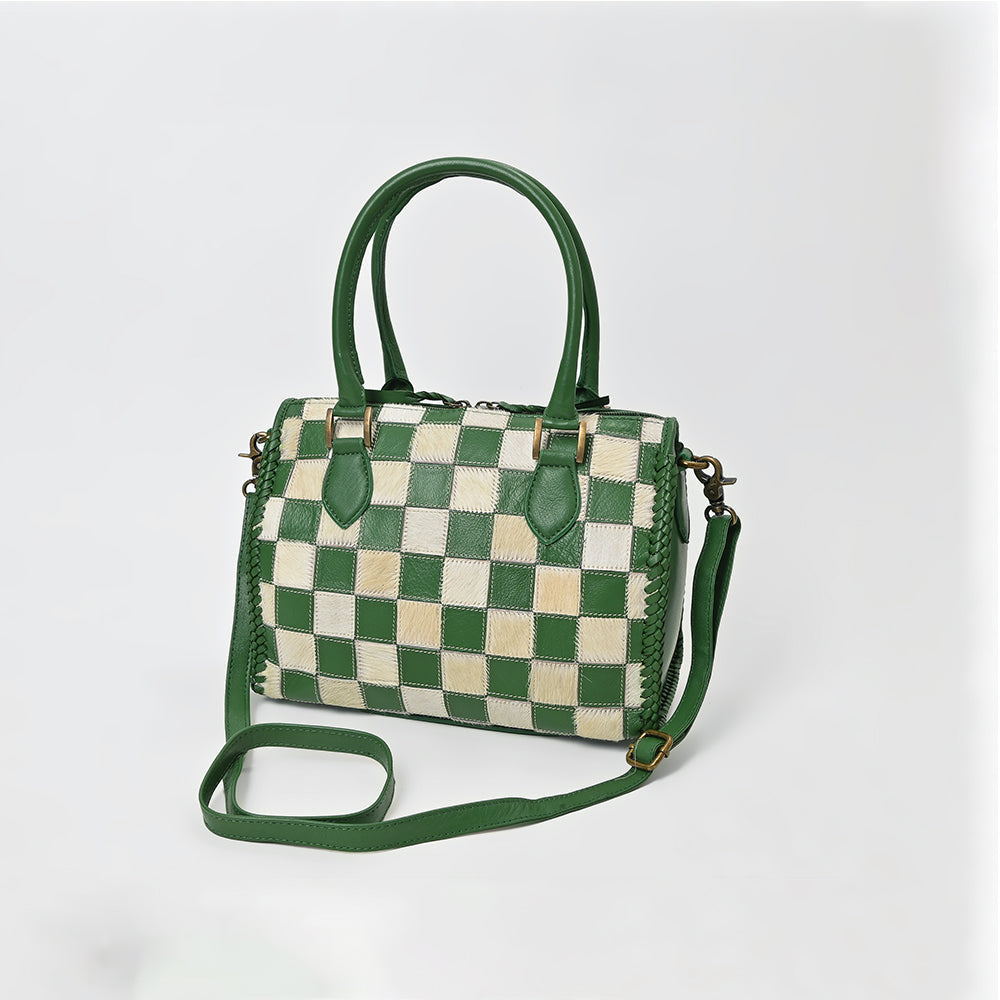 American Darling Hair-On Hide Satchel Bag for Women, Checkered Leather Handbag with Braided Crossbody Strap Black &amp; Green