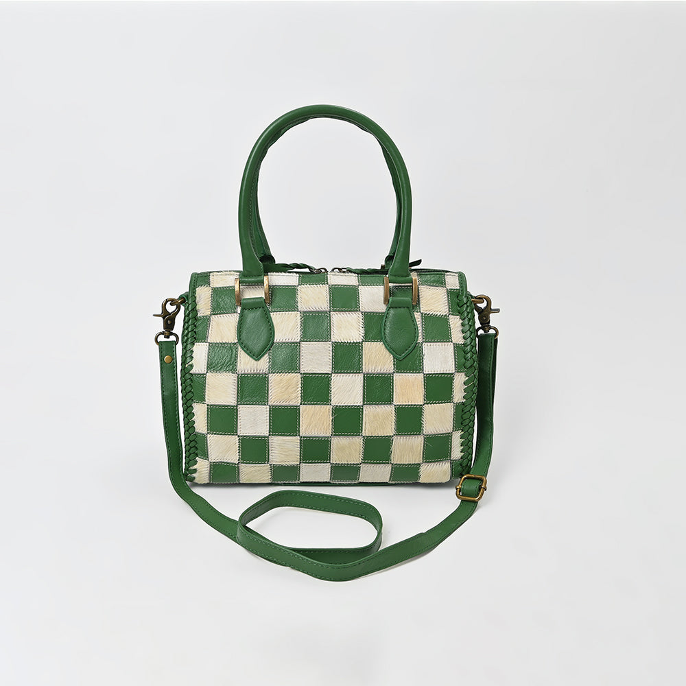 American Darling Hair-On Hide Satchel Bag for Women, Checkered Leather Handbag with Braided Crossbody Strap Black &amp; Green