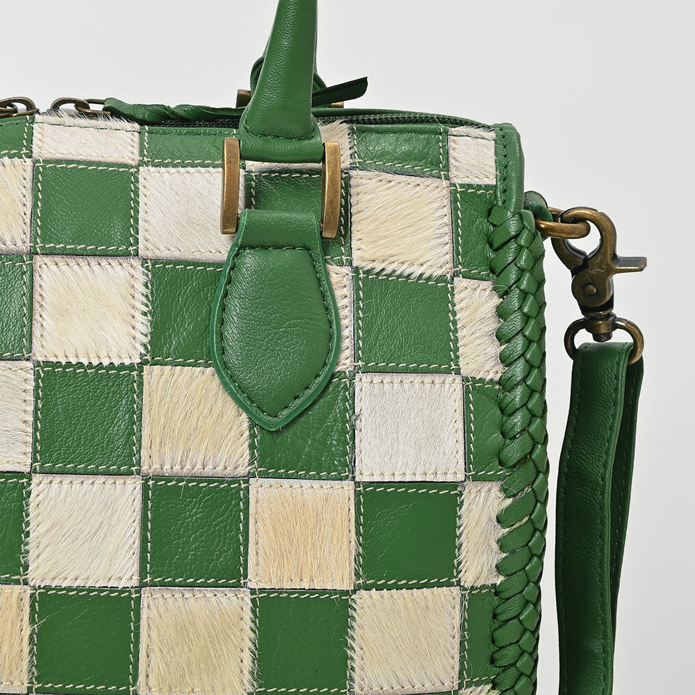 American Darling Hair-On Hide Satchel Bag for Women, Checkered Leather Handbag with Braided Crossbody Strap Black &amp; Green