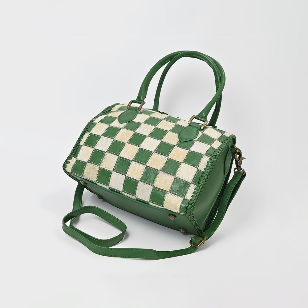 American Darling Hair-On Hide Satchel Bag for Women, Checkered Leather Handbag with Braided Crossbody Strap Black &amp; Green