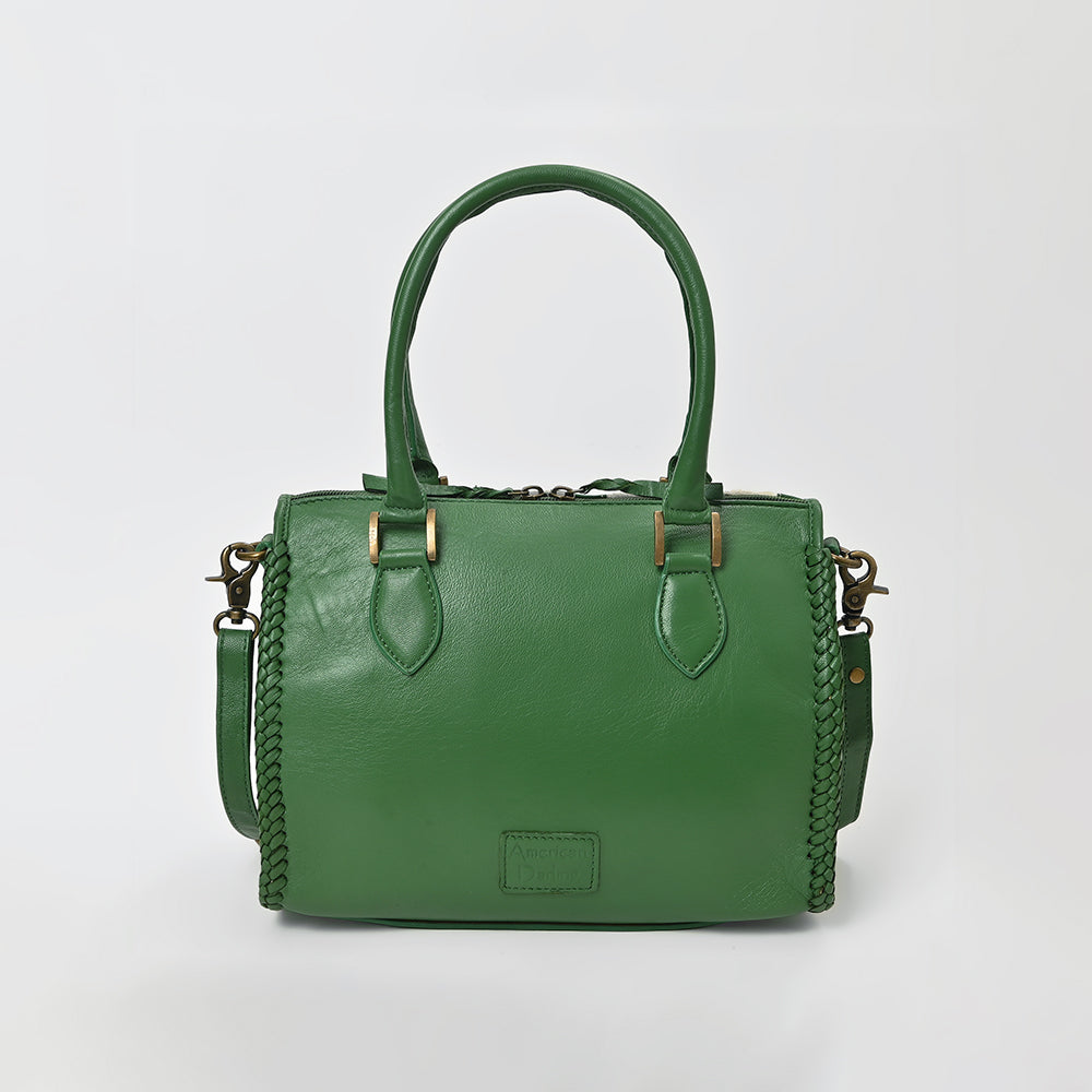 American Darling Hair-On Hide Satchel Bag for Women, Checkered Leather Handbag with Braided Crossbody Strap Black &amp; Green
