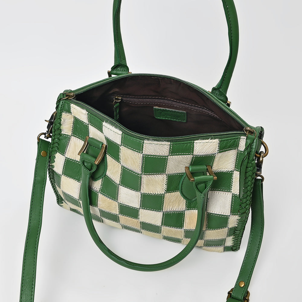 American Darling Hair-On Hide Satchel Bag for Women, Checkered Leather Handbag with Braided Crossbody Strap Black &amp; Green
