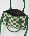 American Darling Hair-On Hide Satchel Bag for Women, Checkered Leather Handbag with Braided Crossbody Strap Black & Green