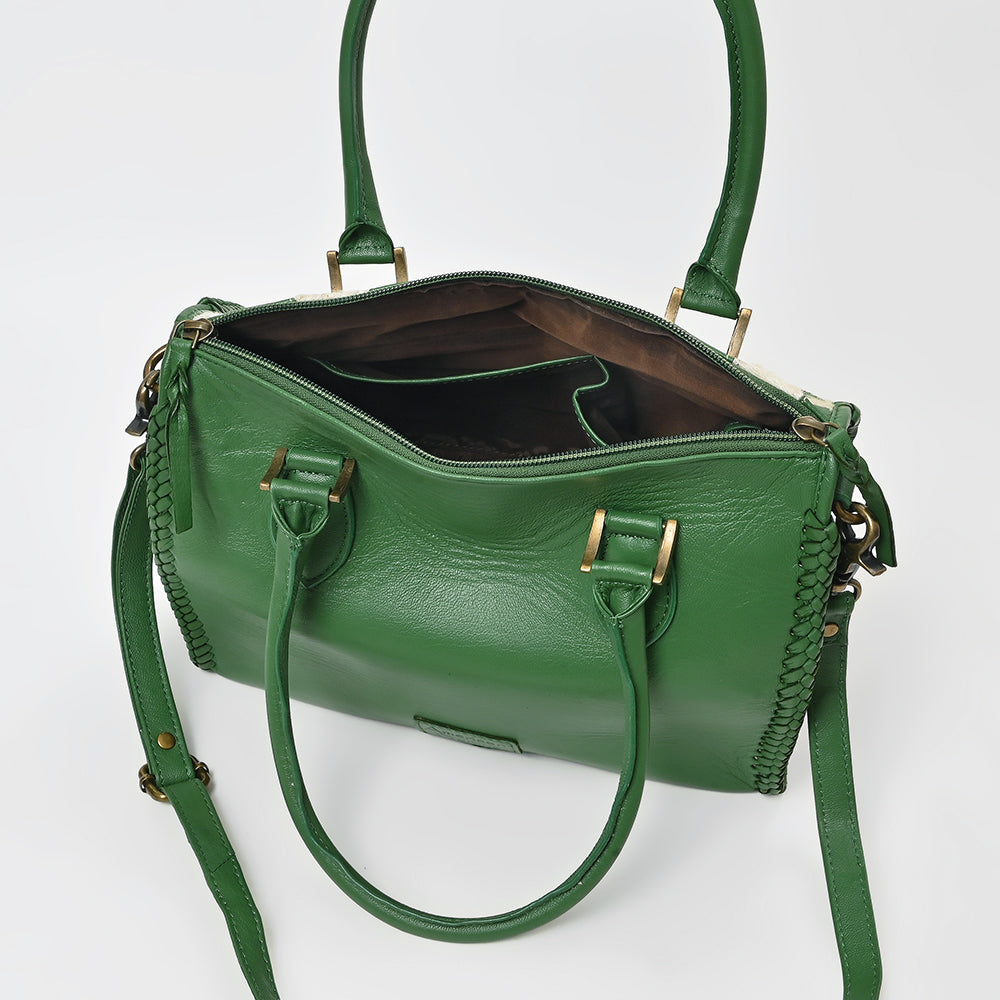American Darling Hair-On Hide Satchel Bag for Women, Checkered Leather Handbag with Braided Crossbody Strap Black &amp; Green