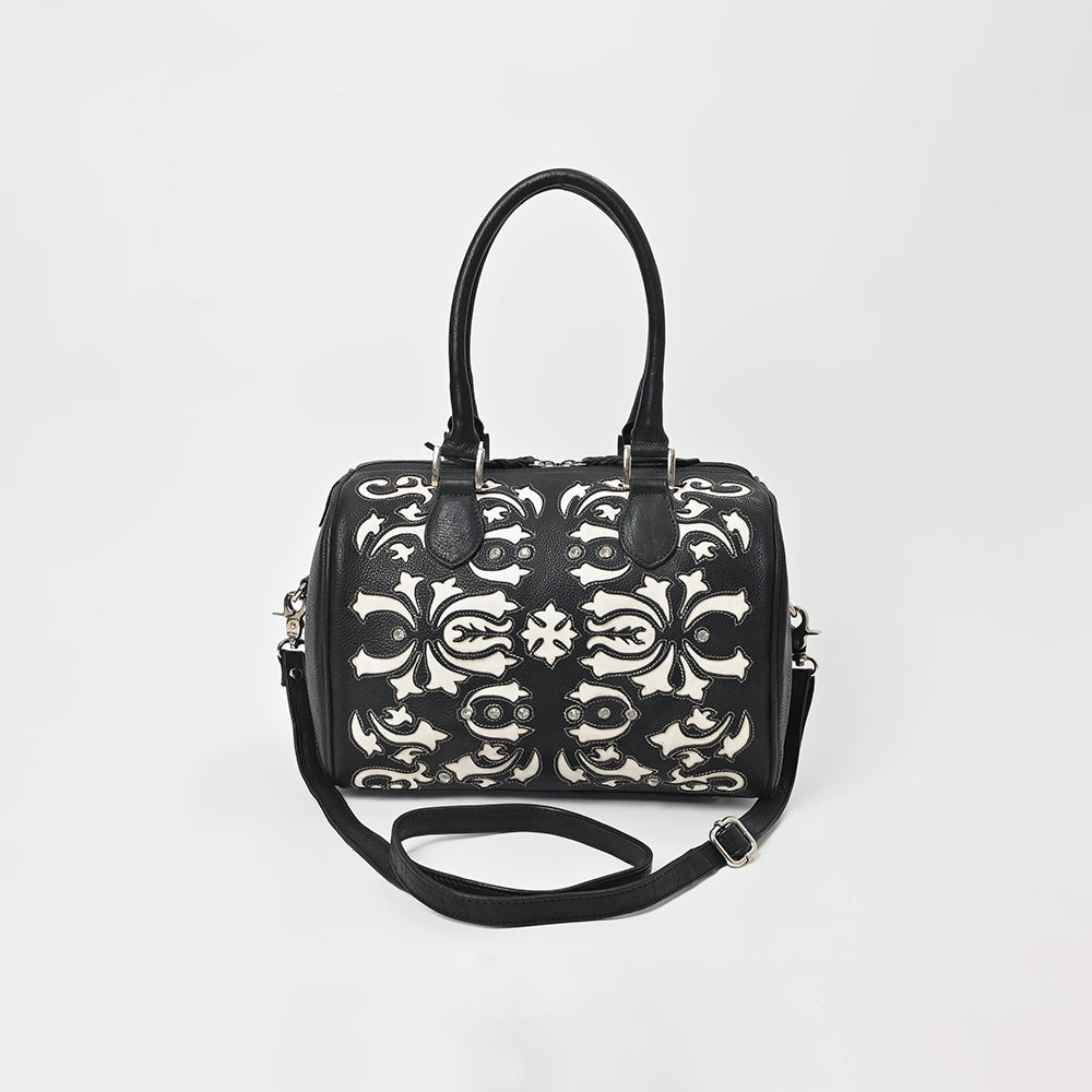 American Darling Western Leather Tooling Duffel Bag Black White Tooled Embroidery Satchel Crossbody Purse for Women
