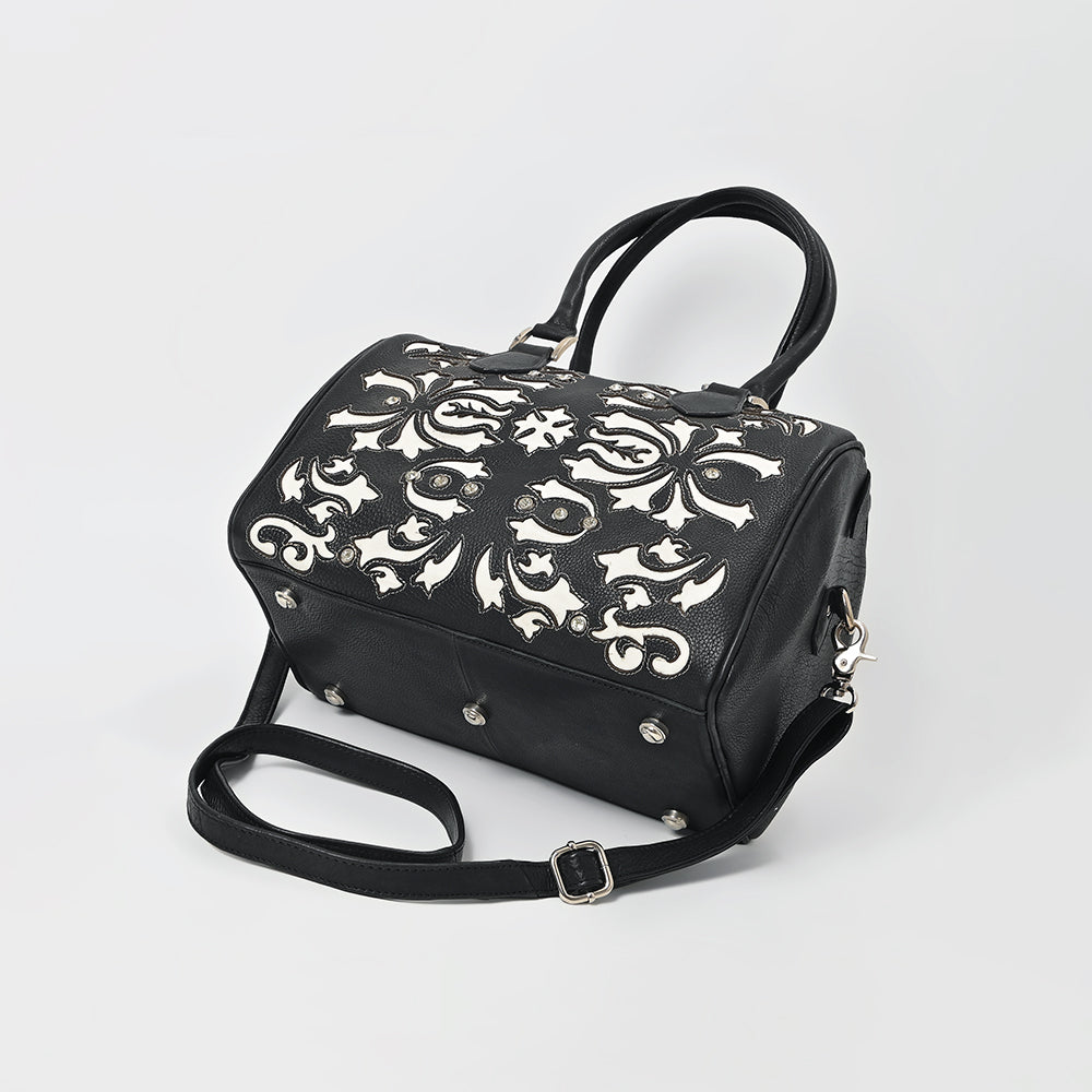 American Darling Western Leather Tooling Duffel Bag Black White Tooled Embroidery Satchel Crossbody Purse for Women