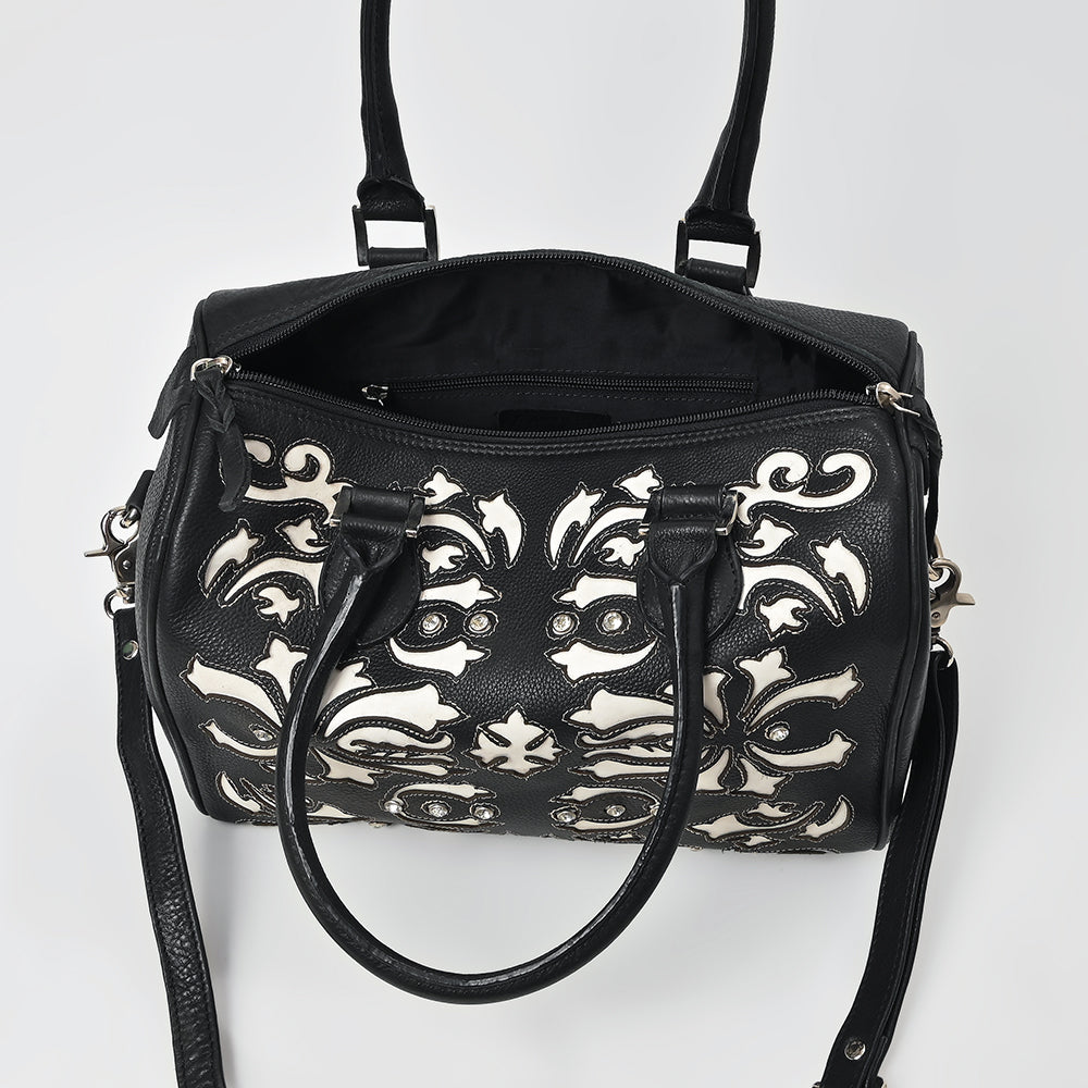 American Darling Western Leather Tooling Duffel Bag Black White Tooled Embroidery Satchel Crossbody Purse for Women